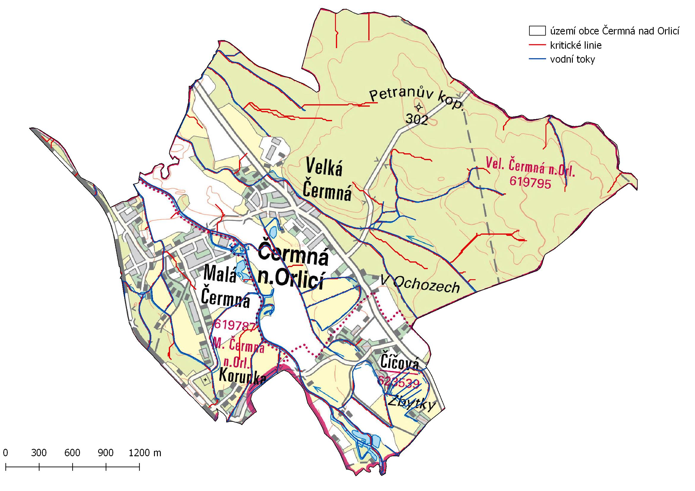 Mapa kritických linií na území obce Čermná nad Orlicí